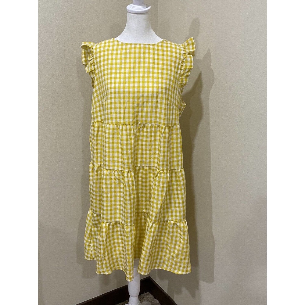 Kirundo dress Yellow White Gingham Check Tired Ruffle Fit Flare Large